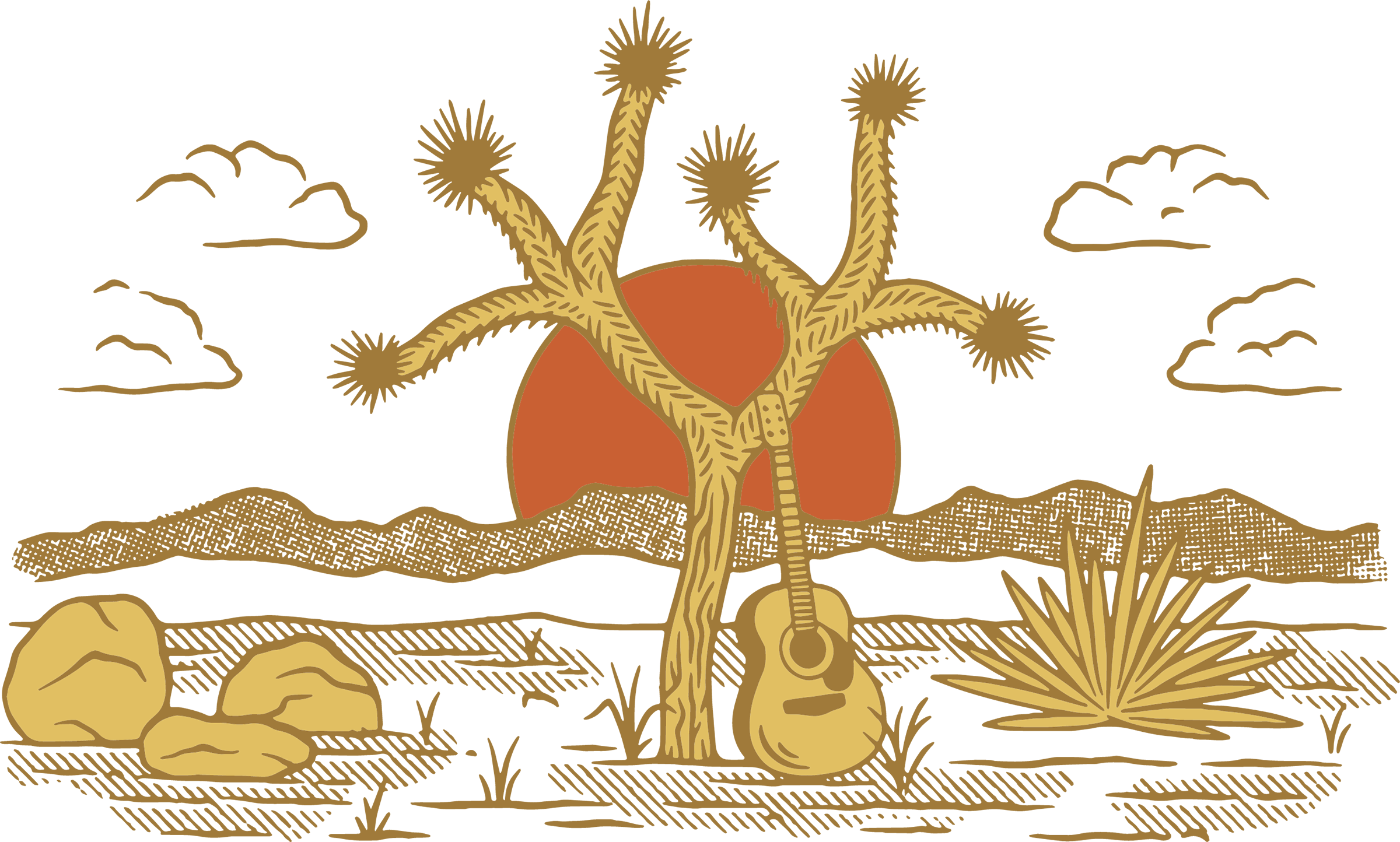 Una chitarra appoggiata a un cactus e il tramonto sullo sfondo